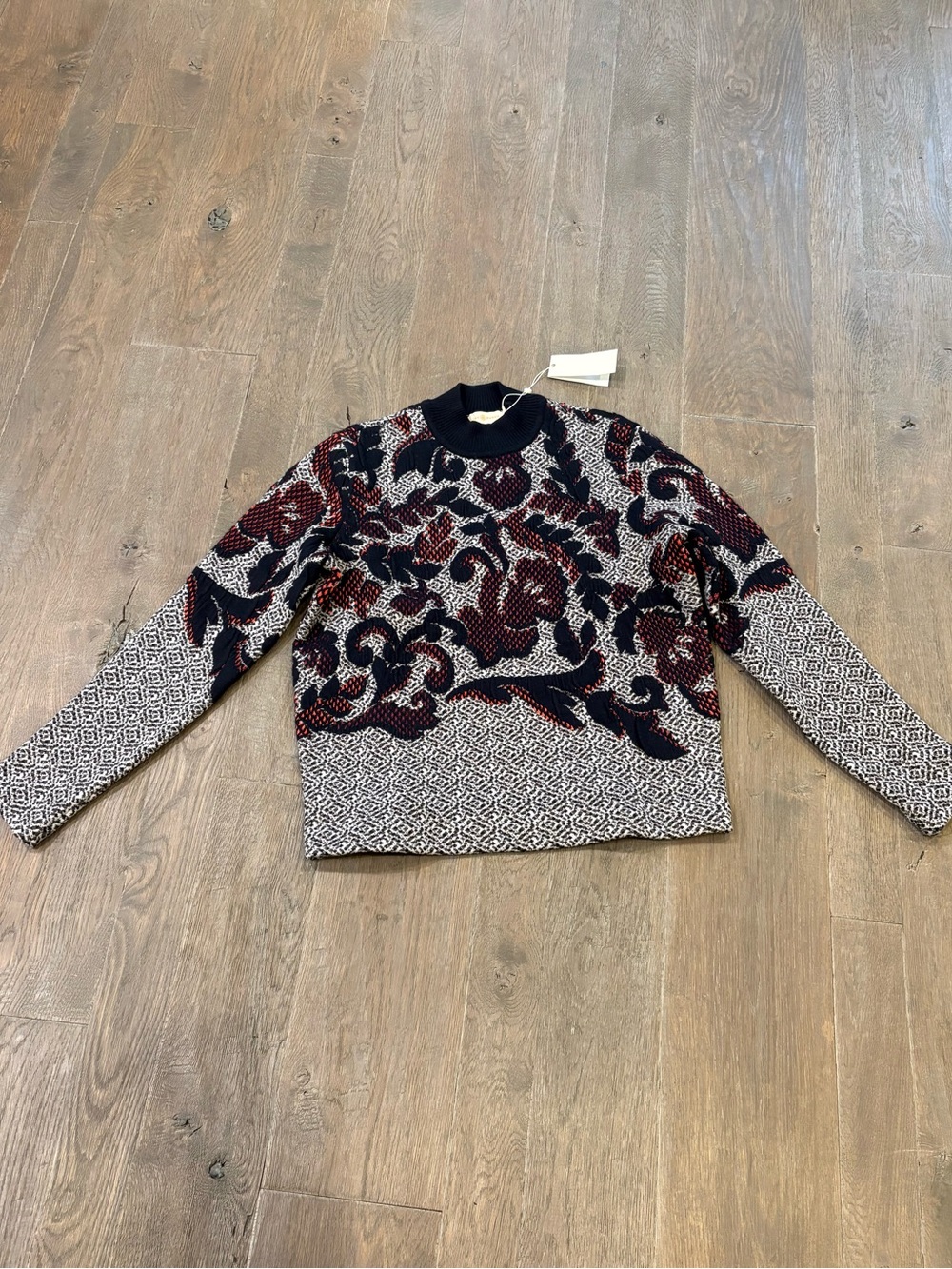 Tory Burch Black, Burgundy & Cream Patterned Crewneck Sweater
